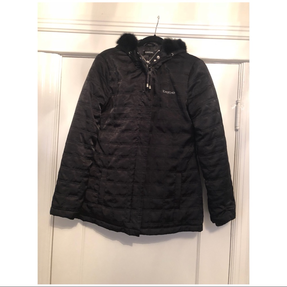Bebe hooded fur rim jacket. Size possibly M/L